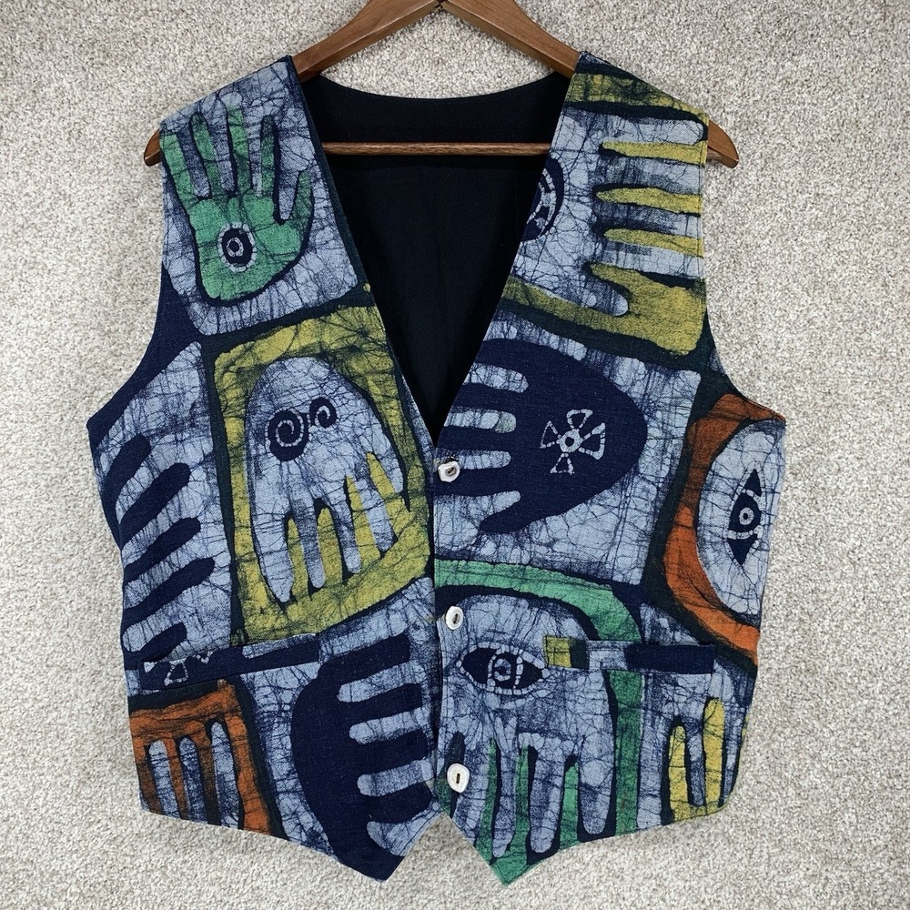 VTG Indie Unisex Tribal Vest Lg Abstract Handprints Primitive Design Festival